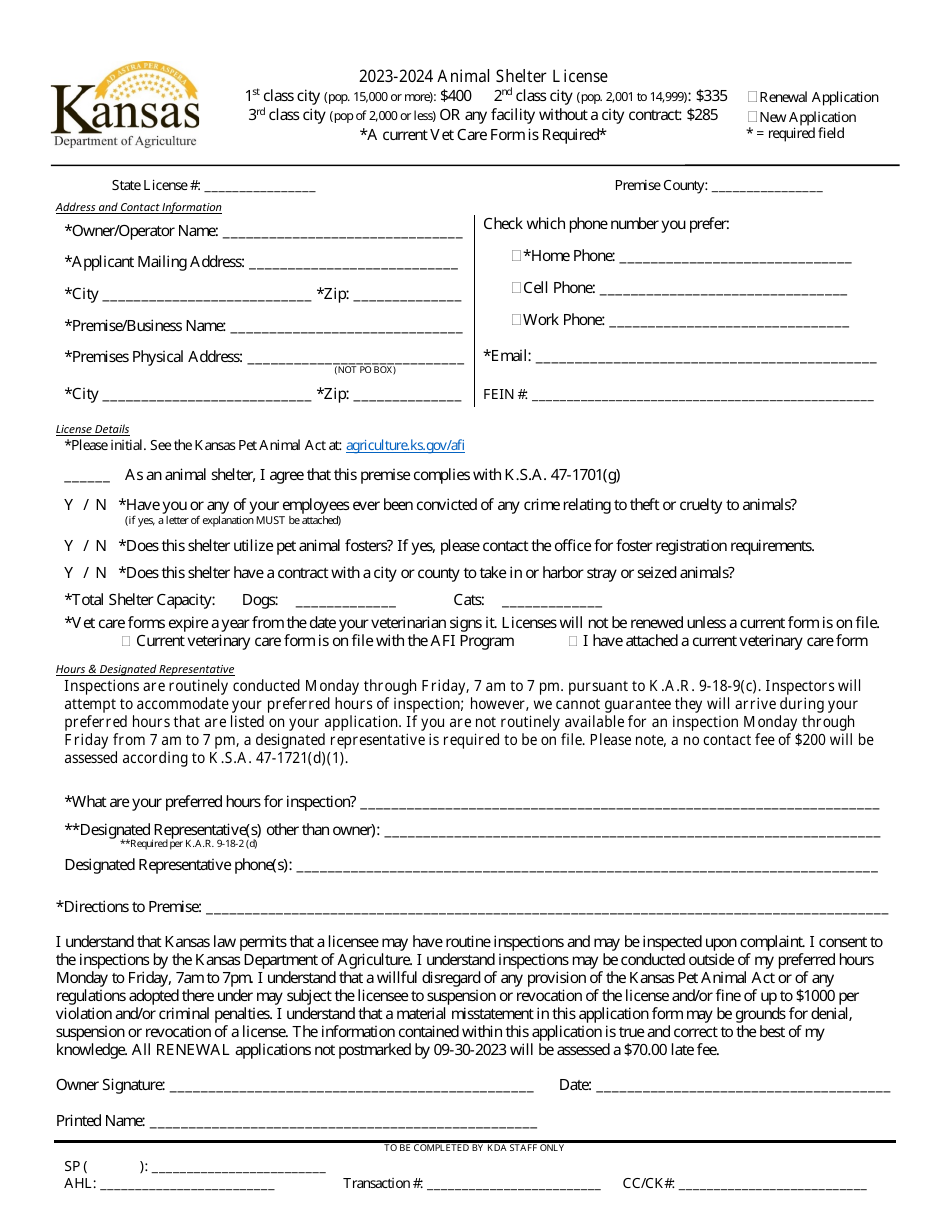 2024 Kansas Animal Shelter Or Pound License Application Fill Out   Animal Shelter Or Pound License Application Kansas Print Big 