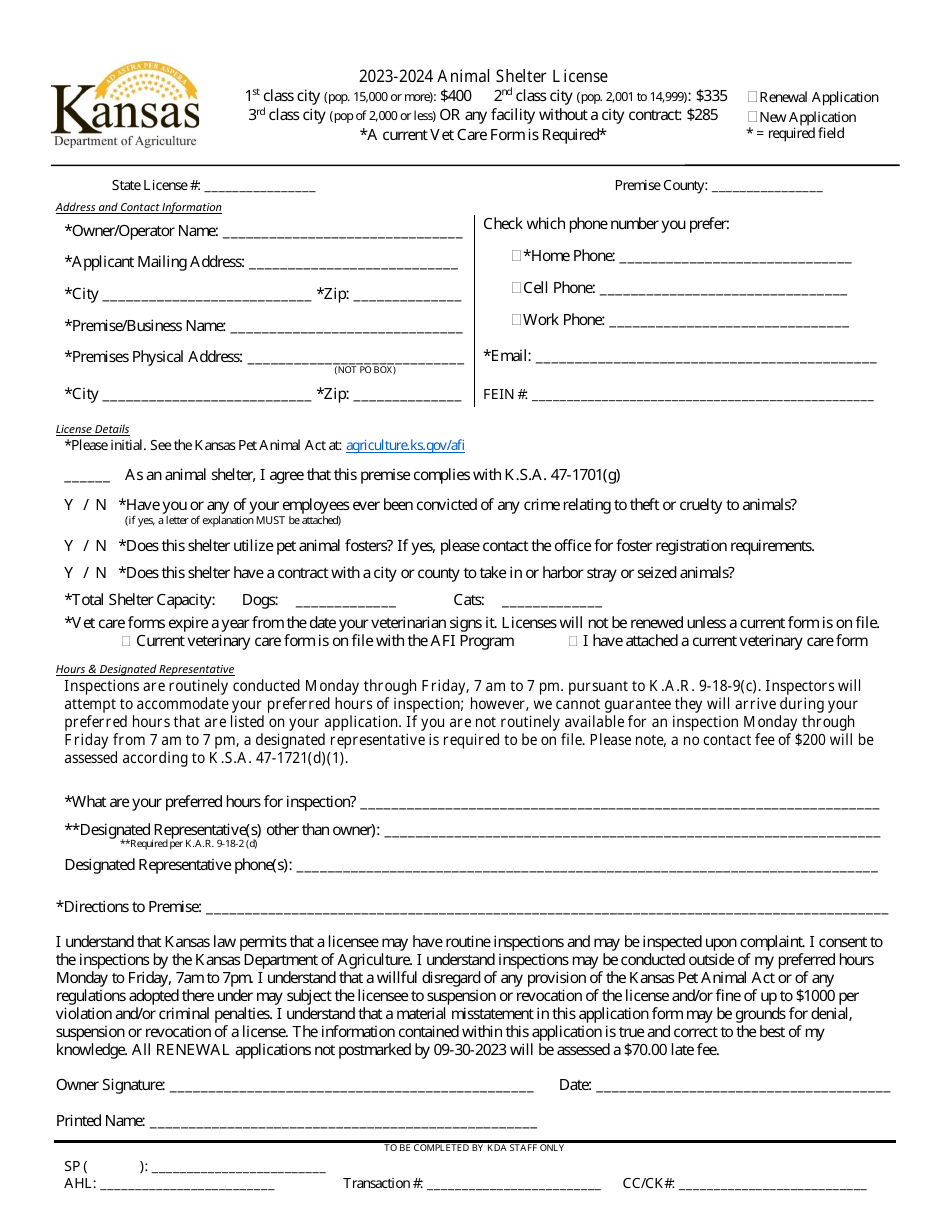 Animal Shelter or Pound License Application - Kansas, Page 1