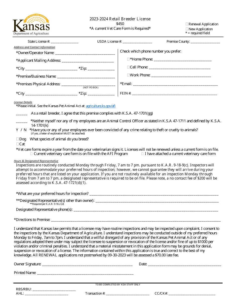 2024 Kansas Retail Breeder License Download Printable PDF Templateroller