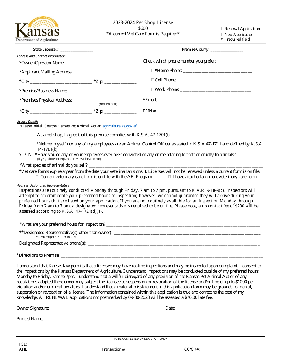 2024 Kansas Pet Shop License Fill Out, Sign Online and Download PDF