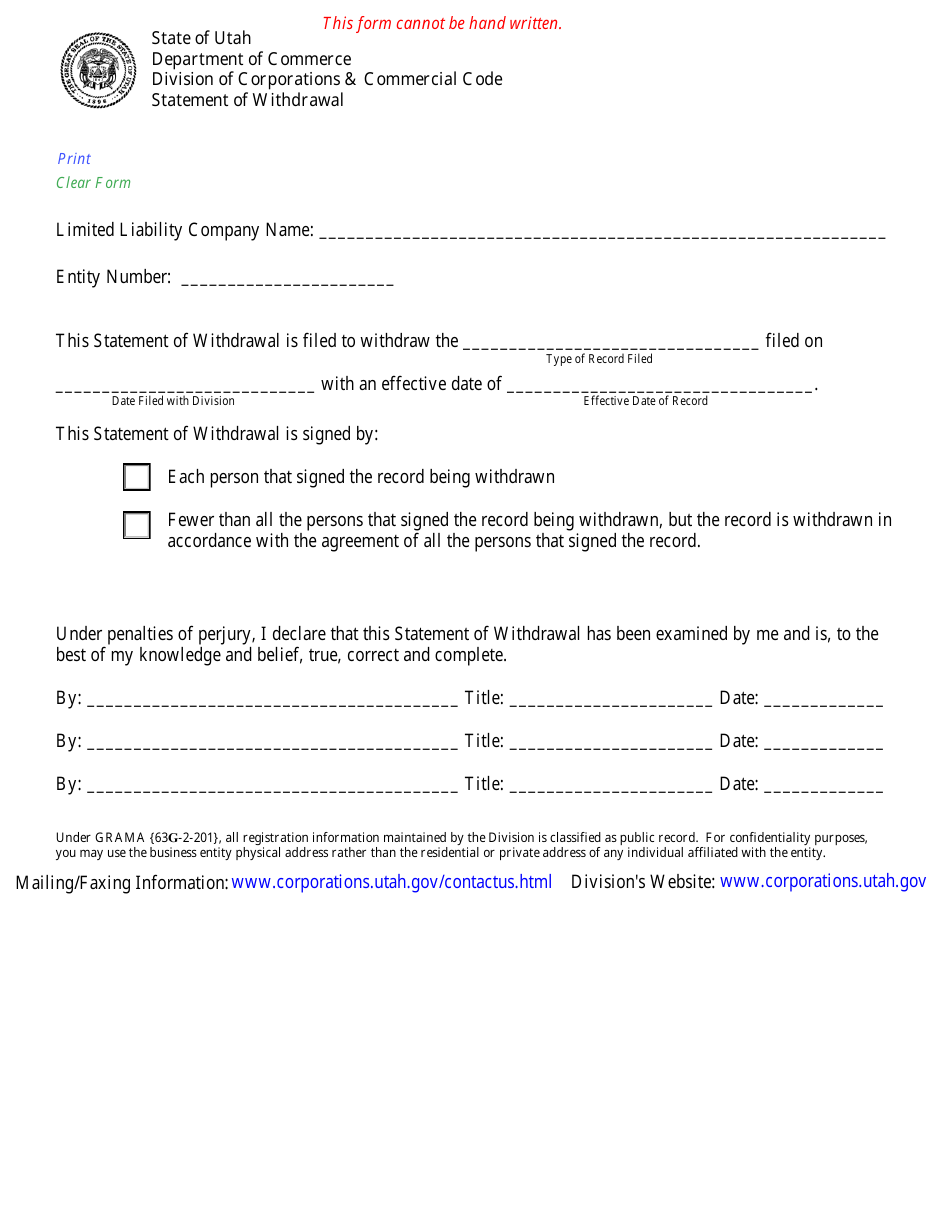 Utah Statement of Withdrawal Download Fillable PDF 2016 — 2024 ...