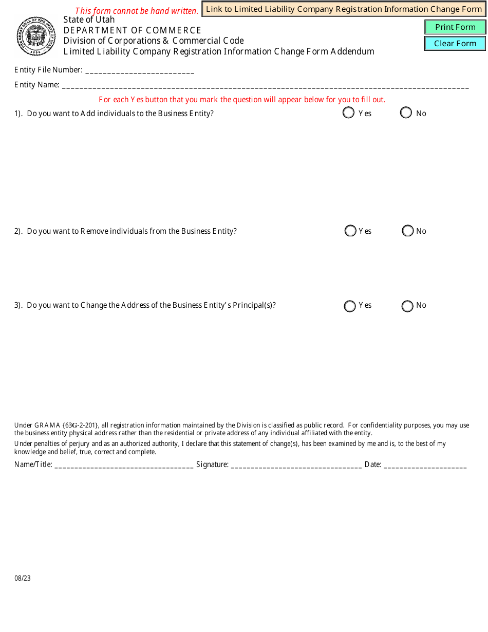 Limited Liability Company Registration Information Change Form Addendum - Utah, Page 1