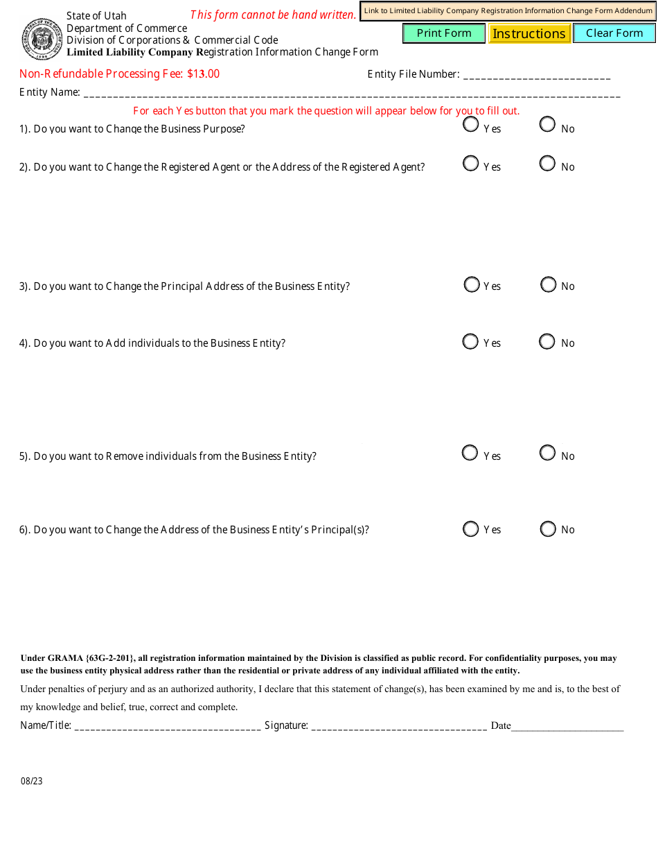 Limited Liability Company Registration Information Change Form - Utah, Page 1
