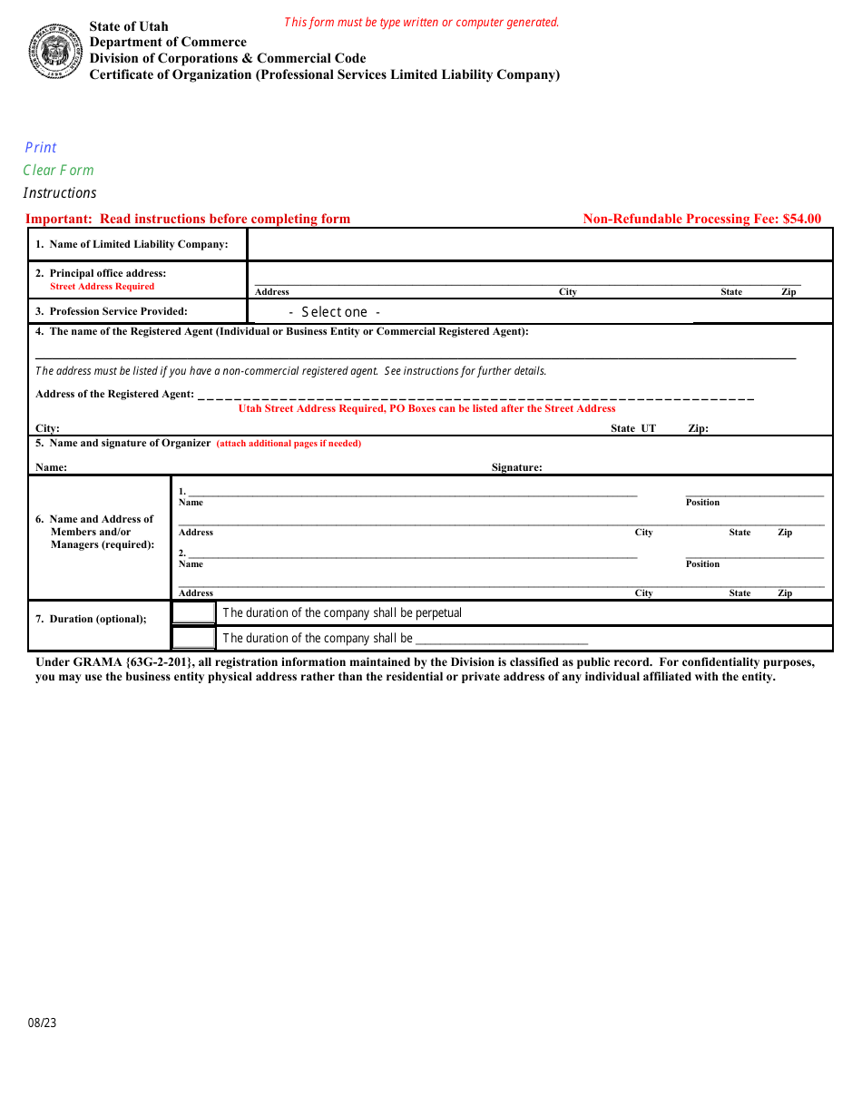 Certificate of Organization (Professional Services Limited Liability Company) - Utah, Page 1