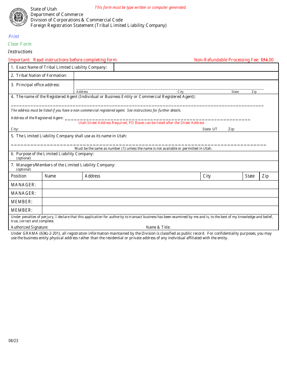 Foreign Registration Statement (Tribal Limited Liability Company) - Utah, Page 1