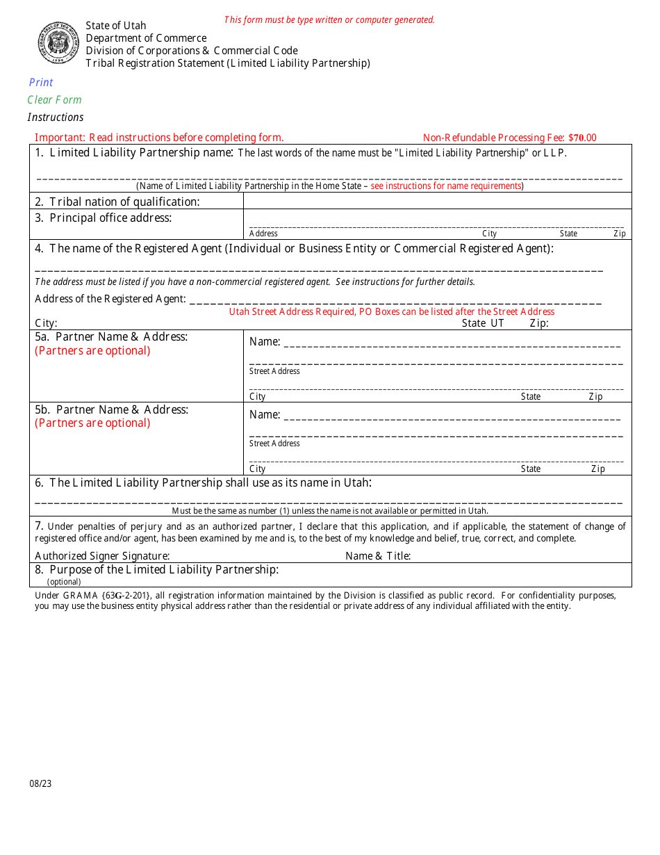 Tribal Registration Statement (Limited Liability Partnership) - Utah, Page 1