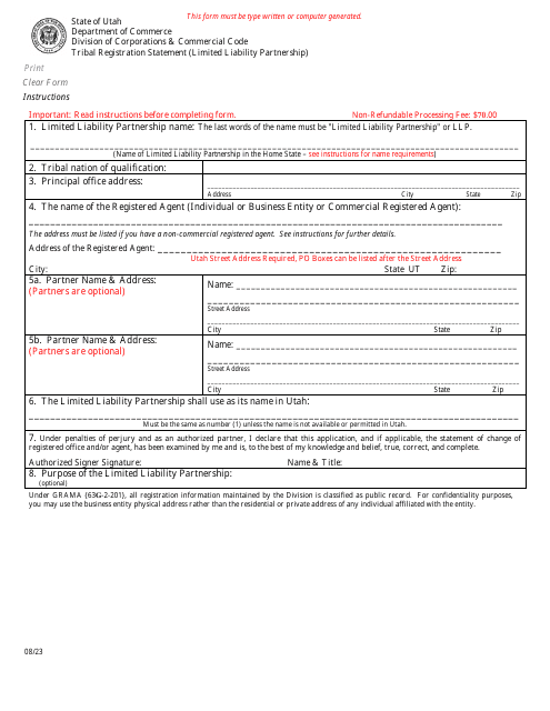 Tribal Registration Statement (Limited Liability Partnership) - Utah Download Pdf