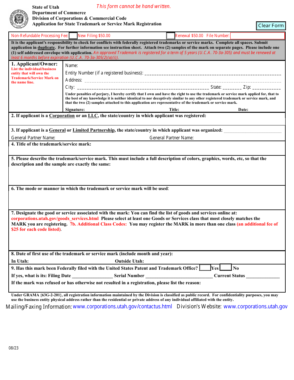 Application for State Trademark or Service Mark Registration - Utah, Page 1