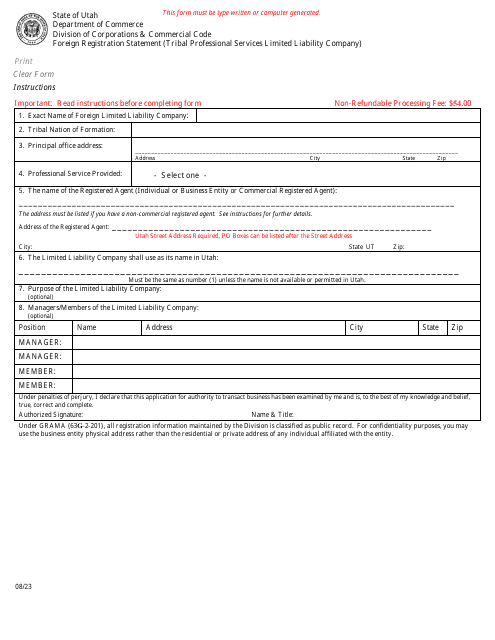 Foreign Registration Statement (Tribal Professional Services Limited Liability Company) - Utah Download Pdf