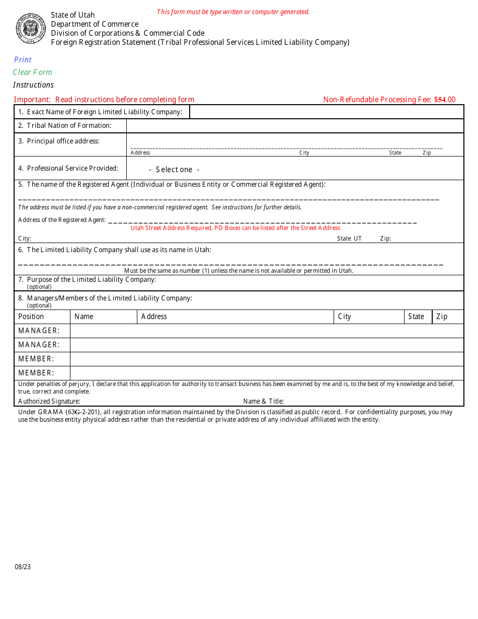 Foreign Registration Example Utah Foreign Registration Statement (Tribal Professional Services ...