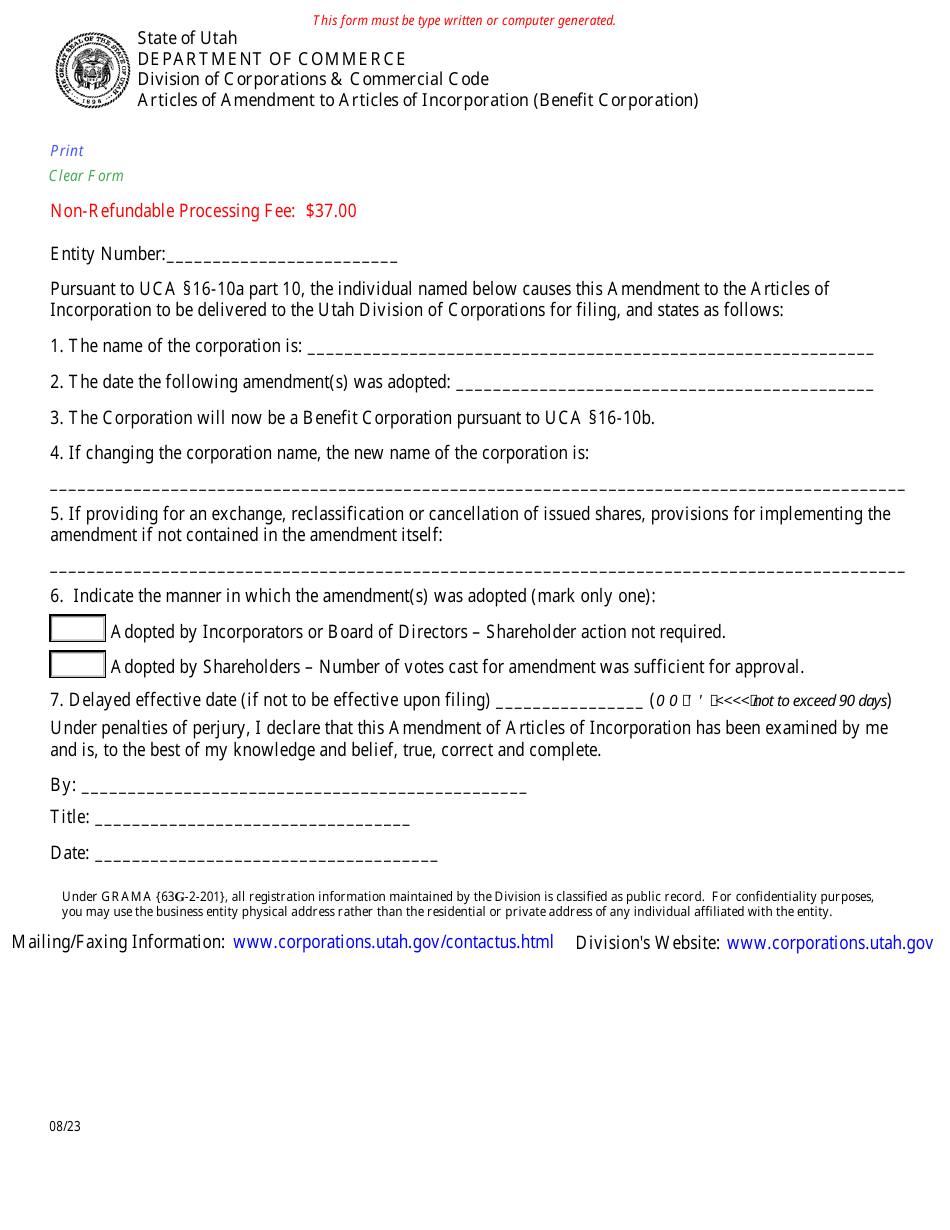 Utah Articles of Amendment to Articles of Incorporation (Benefit