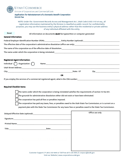 Application for Reinstatement of a Domestic Benefit Corporation - Utah Download Pdf