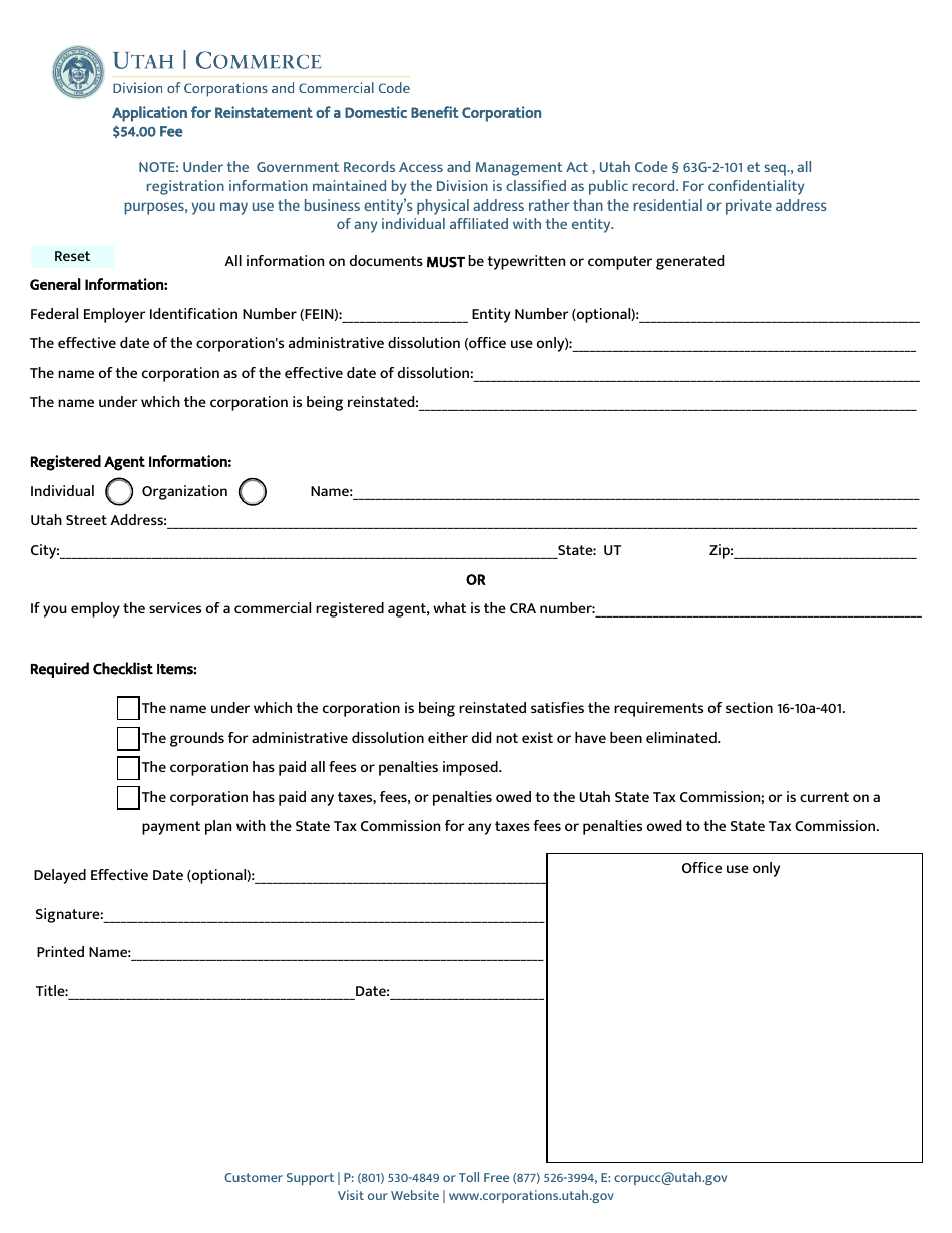 Application for Reinstatement of a Domestic Benefit Corporation - Utah, Page 1