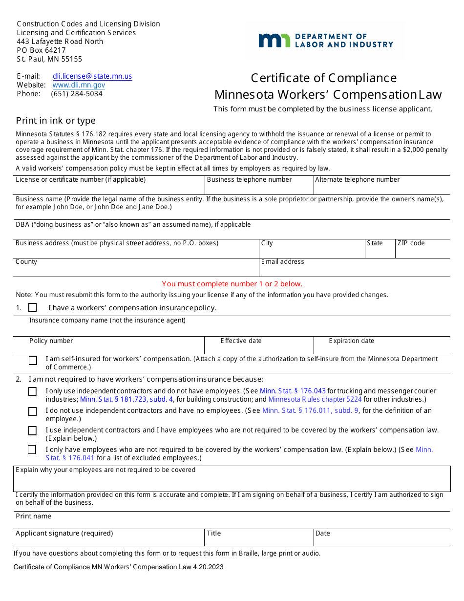 Certificate of Compliance - Minnesota Workers Compensation Law - Minnesota, Page 1