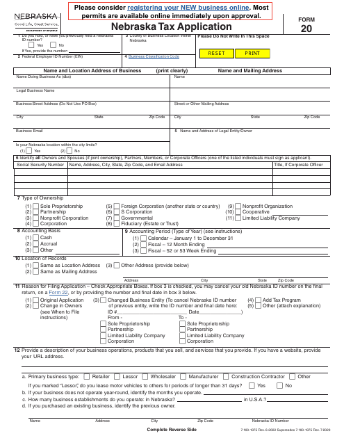 Form 20 Nebraska Tax Application - Nebraska