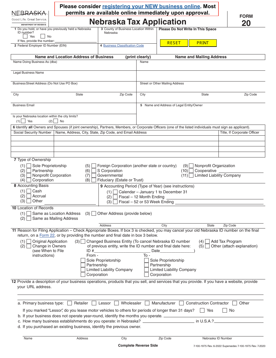 Form 20 Nebraska Tax Application - Nebraska, Page 1