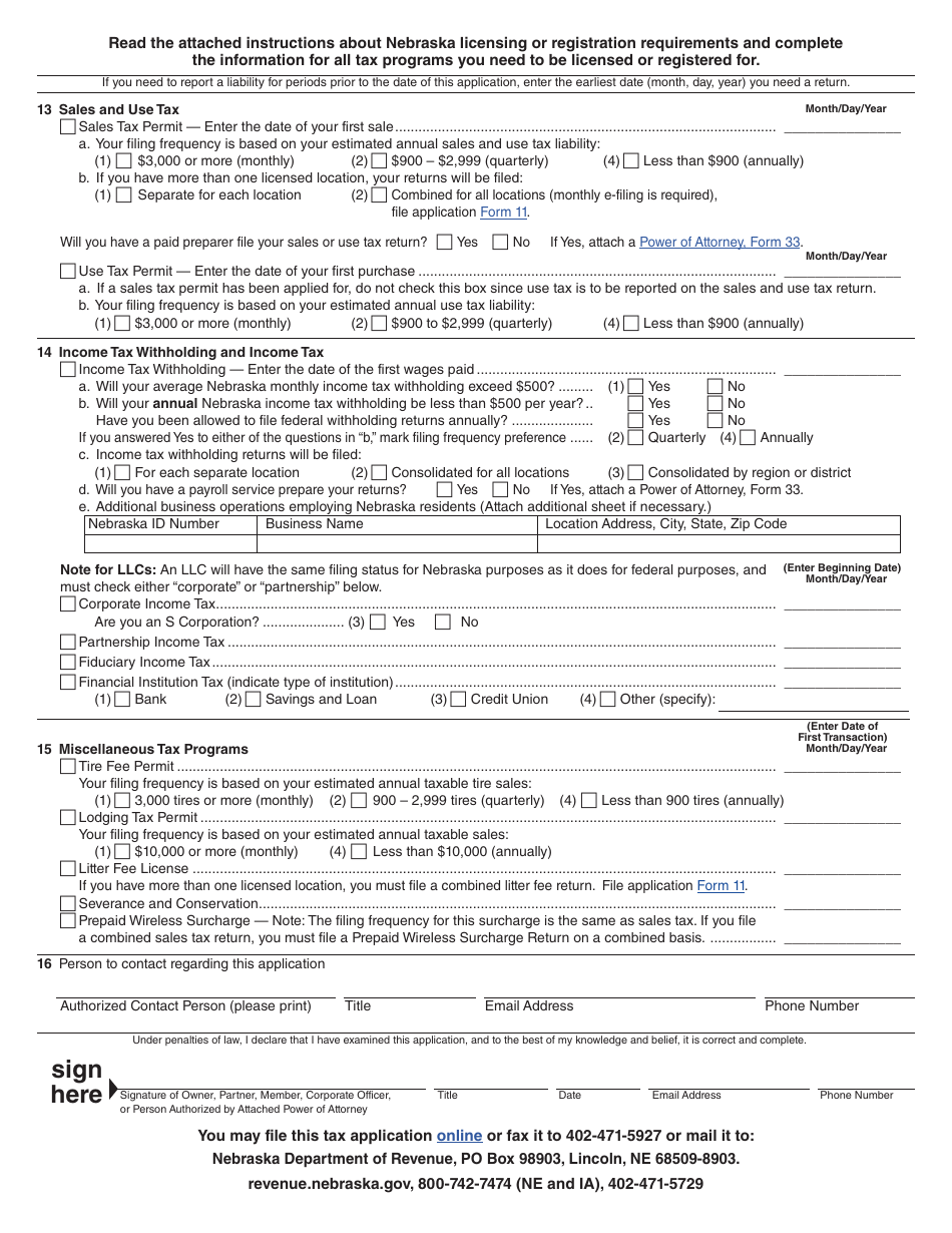 Form 20 Download Fillable PDF or Fill Online Nebraska Tax Application ...