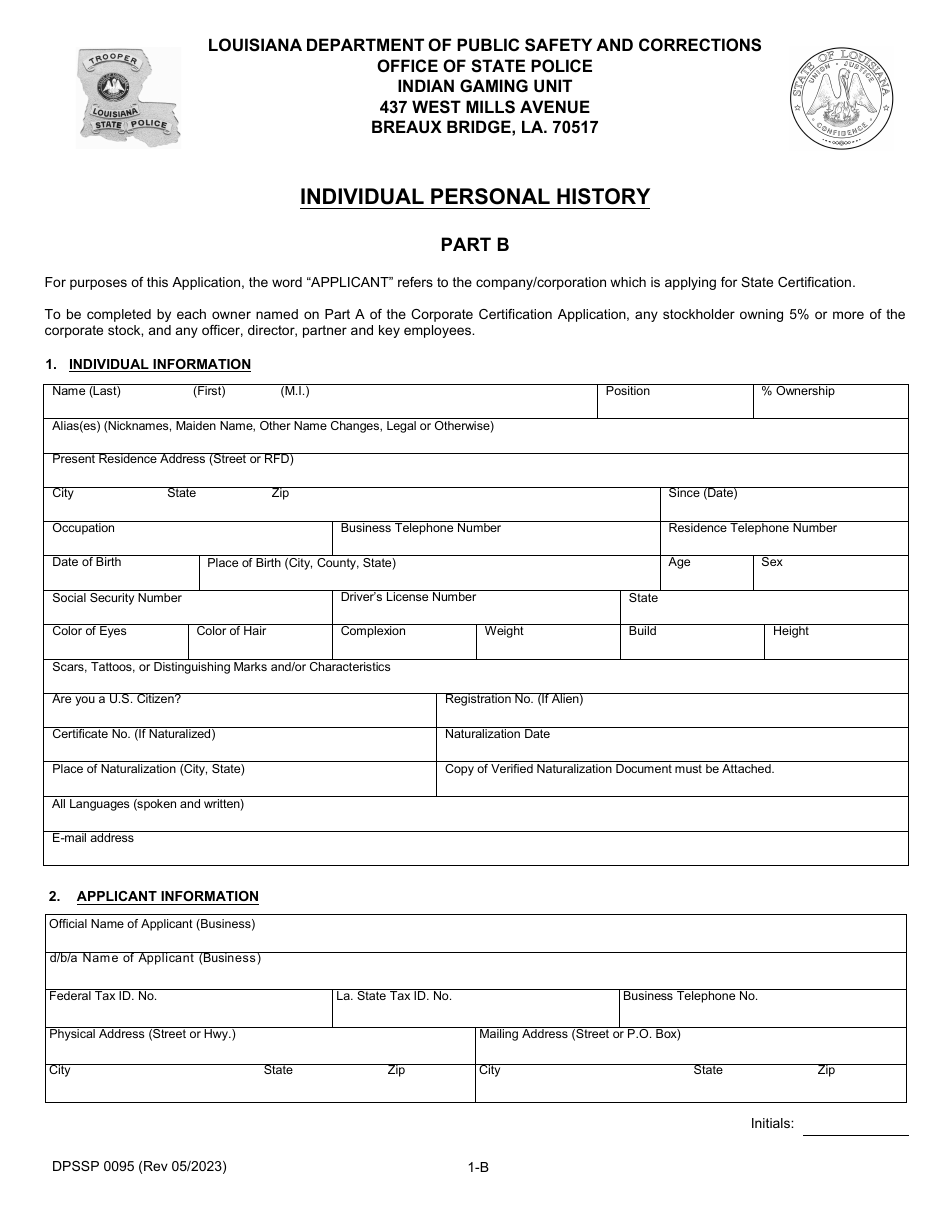 Form DPSSP0095 Part B Indian Gaming Unit Corporate Certification Application Individual Personal History - Louisiana, Page 5