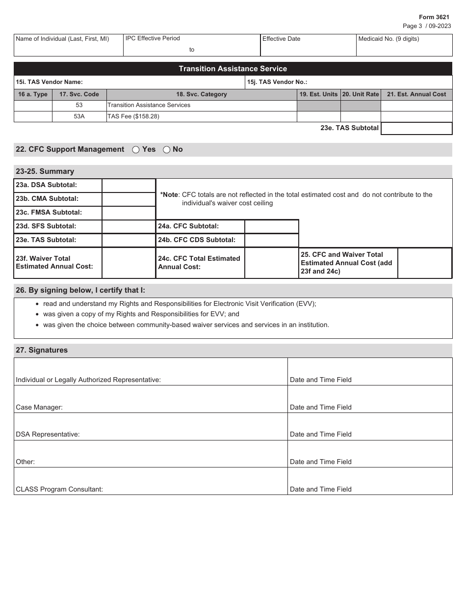 Form 3621 Individual Plan of Care - Community Living Assistance and Support Services (Class) and Community First Choice (Cfc) - Texas, Page 3