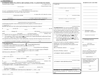 Document preview: Form DC-421 Summons for Unlawful Detainer (Civil Claim for Eviction) - Virginia