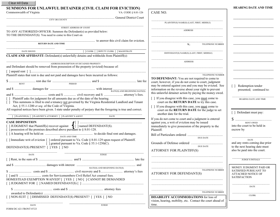 Form DC-421 Download Fillable PDF Or Fill Online Summons For Unlawful ...