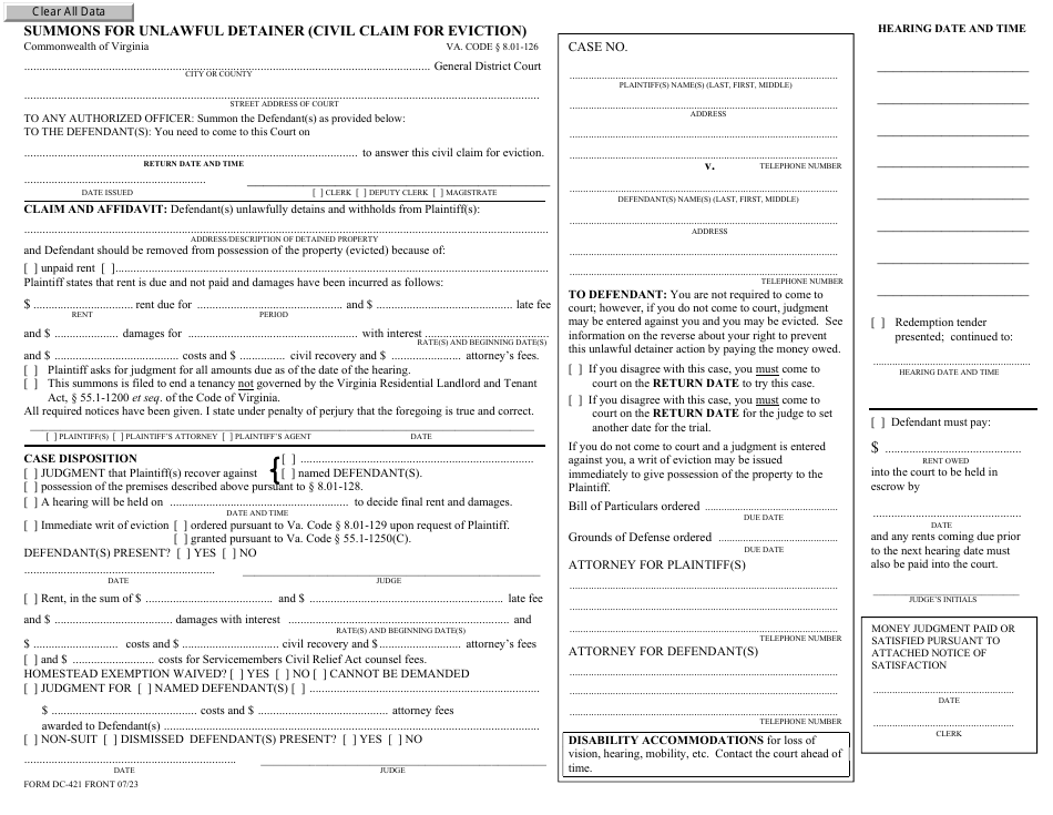 Form DC-421 Summons for Unlawful Detainer (Civil Claim for Eviction) - Virginia, Page 1