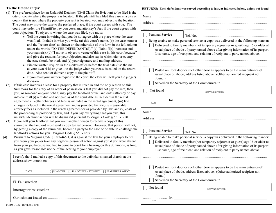 Form DC-421 Download Fillable PDF Or Fill Online Summons For Unlawful ...