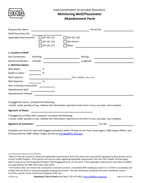 DNR Form 542-0699 Monitoring Well/Piezometer Abandonment Form - Iowa