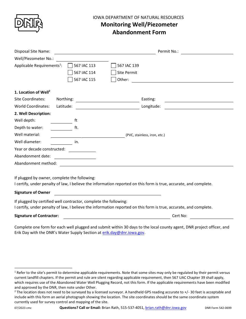 DNR Form 542-0699 Monitoring Well / Piezometer Abandonment Form - Iowa, Page 1
