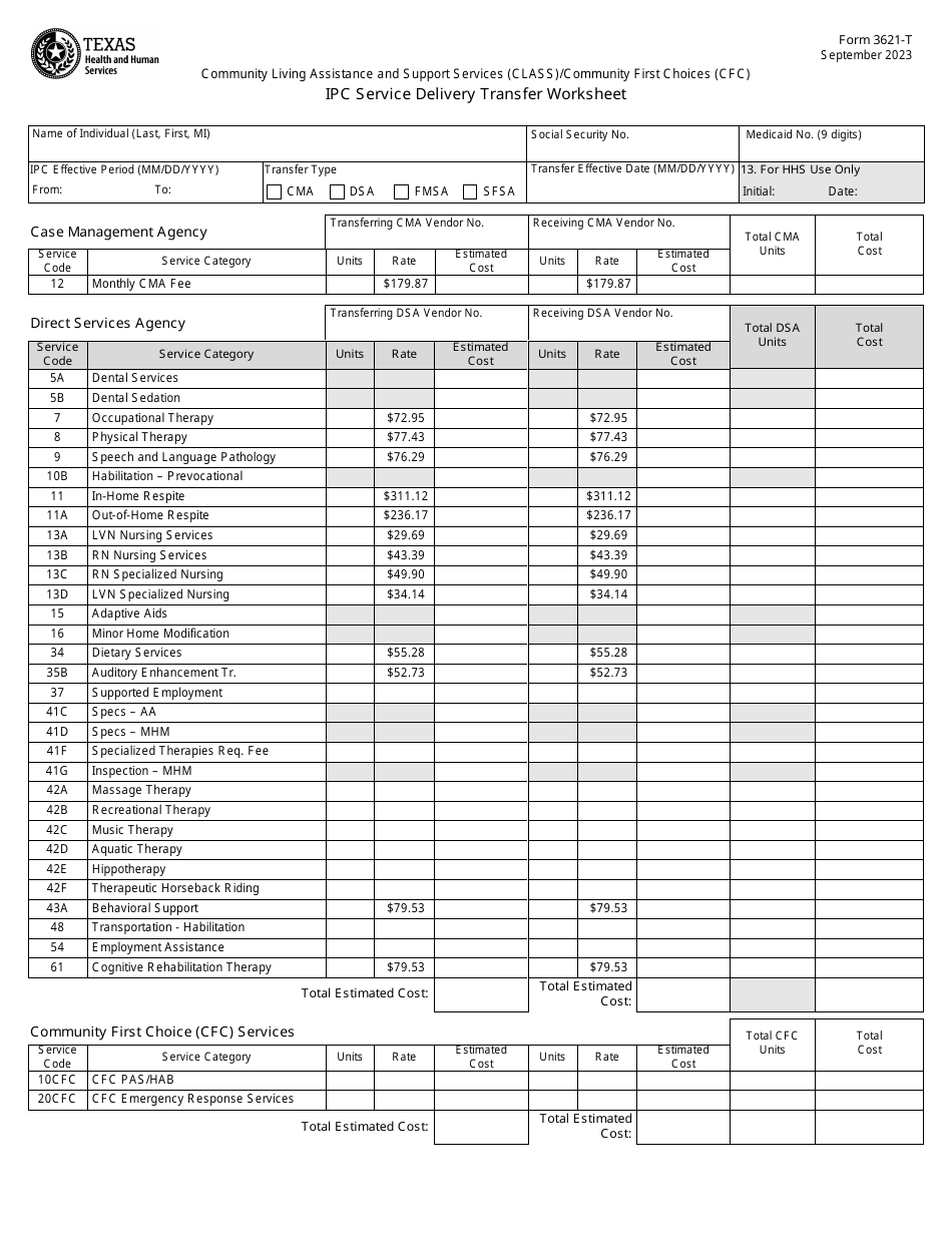 Form 3621-T Ipc Service Delivery Transfer Worksheet - Community Living Assistance and Support Services (Class) / Community First Choices (Cfc) - Texas, Page 1