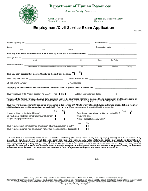 Employment / Civil Service Exam Application - Monroe County, New York Download Pdf