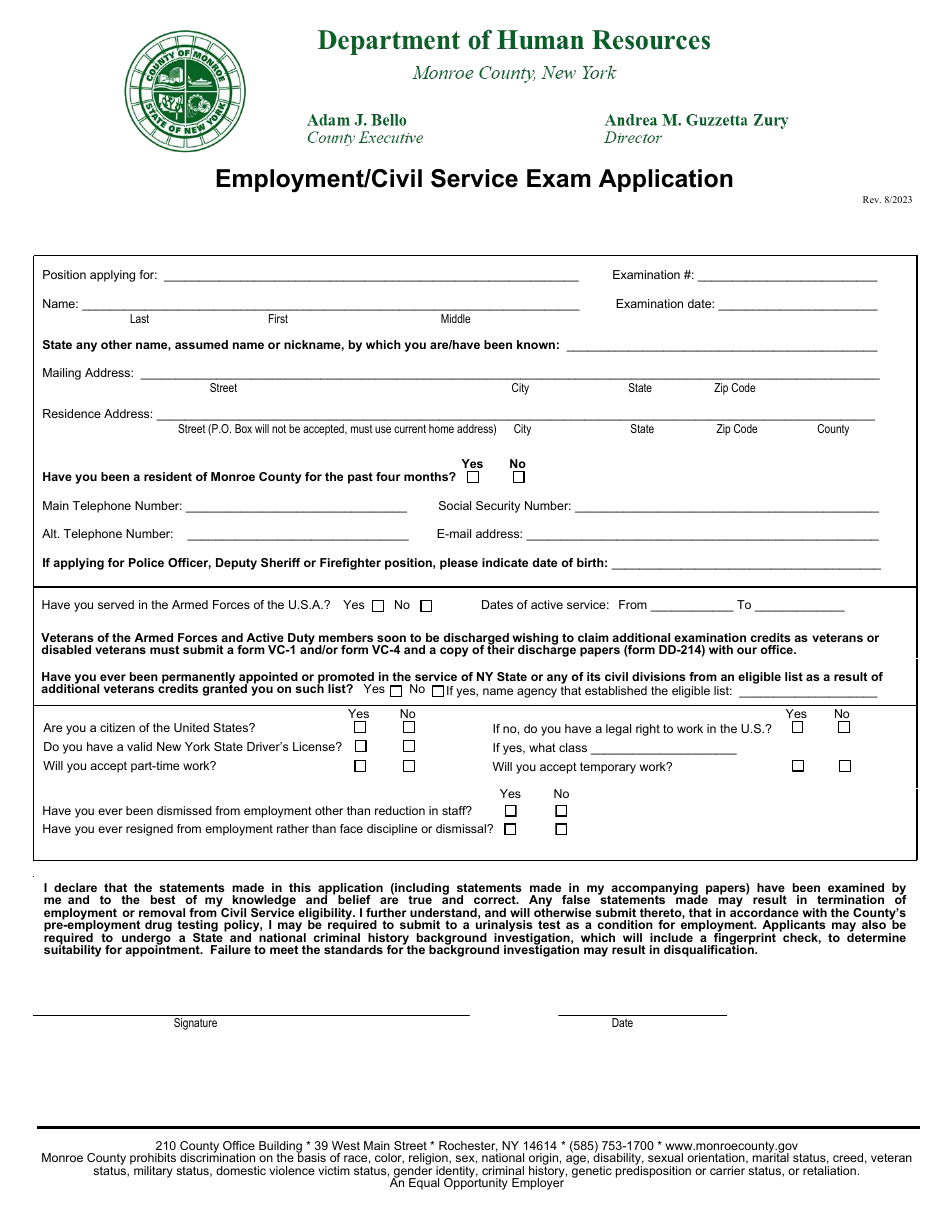 Employment / Civil Service Exam Application - Monroe County, New York, Page 1