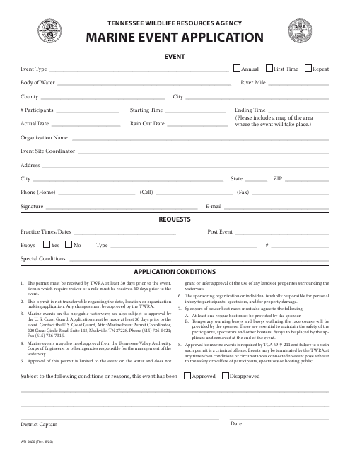Form WR-0820 Marine Event Application - Tennessee
