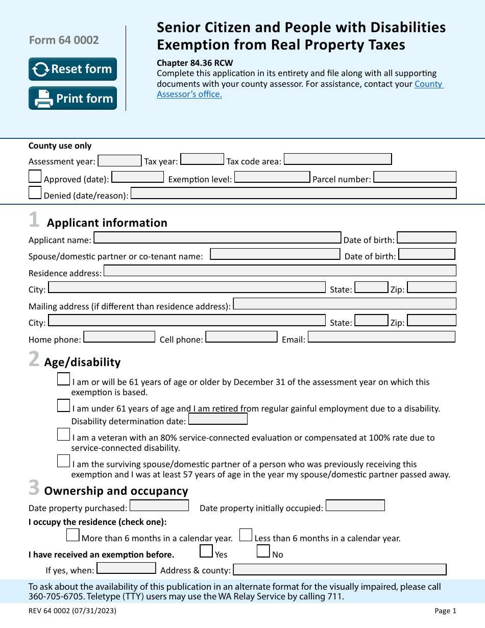 Form REV64 0002 Senior Citizen and People With Disabilities Exemption From Real Property Taxes - Washington, Page 1