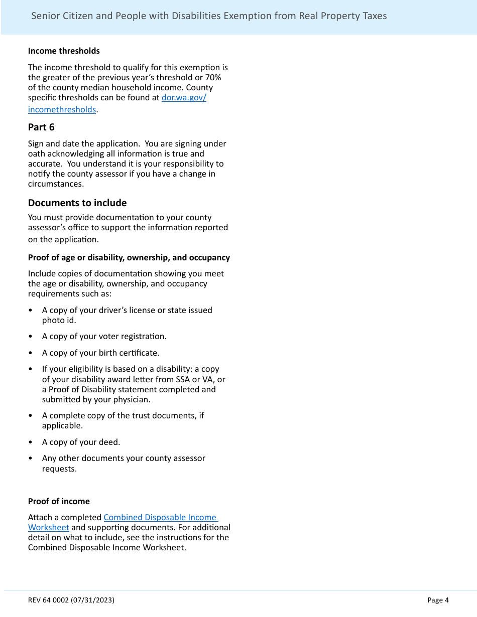 Form REV64 0002 Senior Citizen and People With Disabilities Exemption From Real Property Taxes - Washington, Page 4