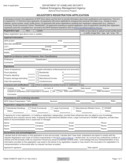 FEMA Form FF-206-FY-21-150 Adjuster's Registration Application - National Flood Insurance Program