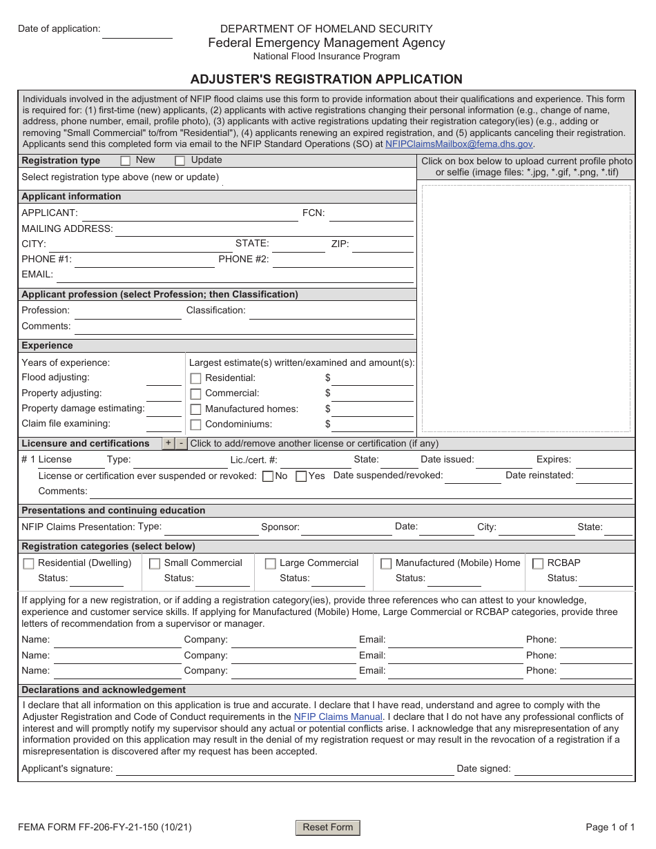 FEMA Form FF-206-FY-21-150 Adjusters Registration Application - National Flood Insurance Program, Page 1