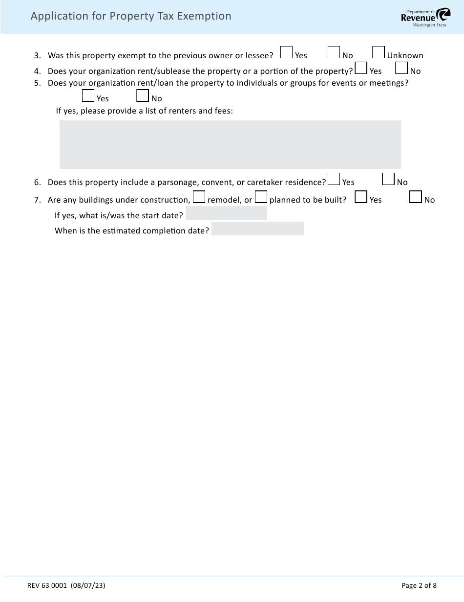 Form REV63 0001 Application for Property Tax Exemption - Washington, Page 2