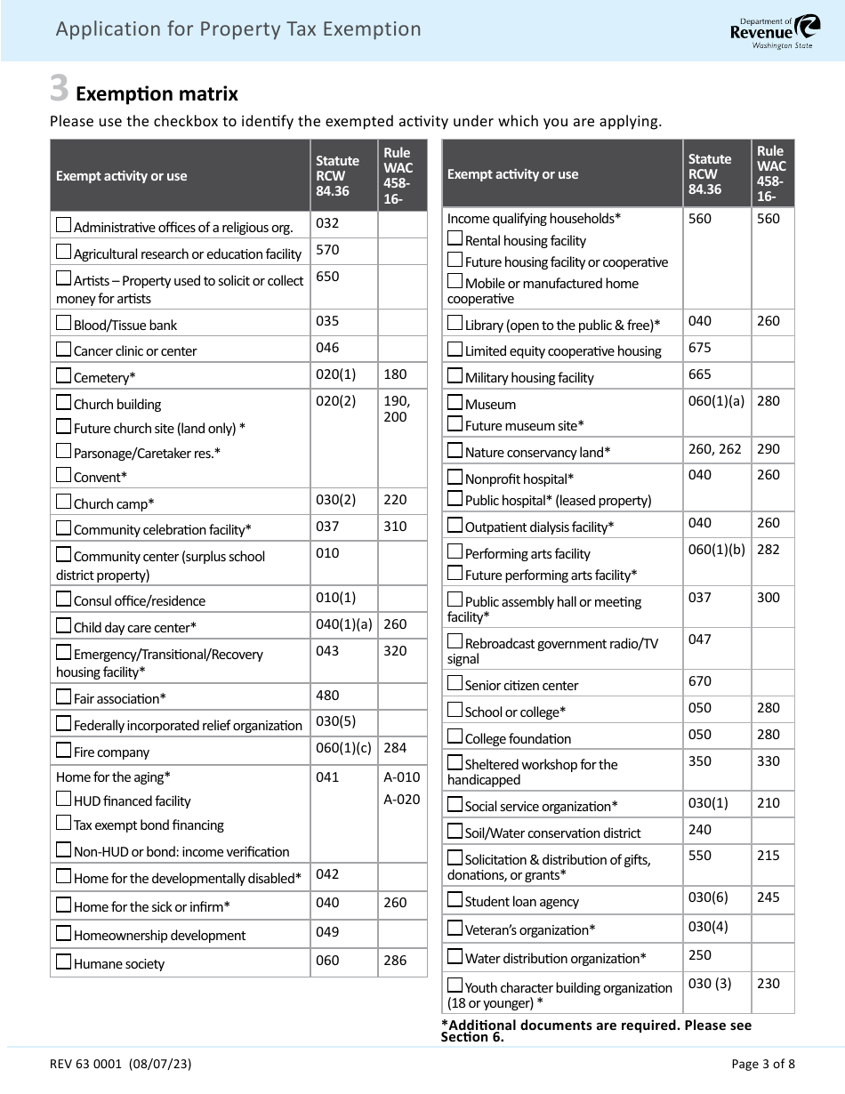Form REV63 0001 Application for Property Tax Exemption - Washington, Page 3