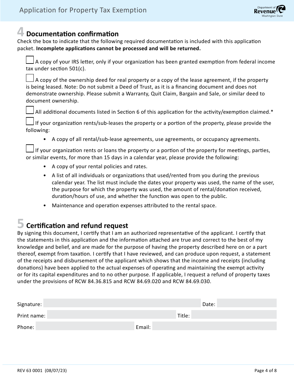 Form REV63 0001 Application for Property Tax Exemption - Washington, Page 4