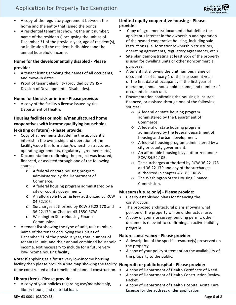 Form REV63 0001 Application for Property Tax Exemption - Washington, Page 6