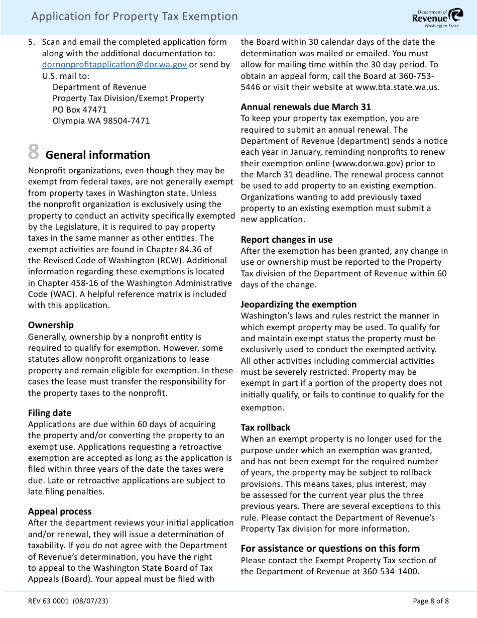 Form REV63 0001 Application for Property Tax Exemption - Washington, Page 8