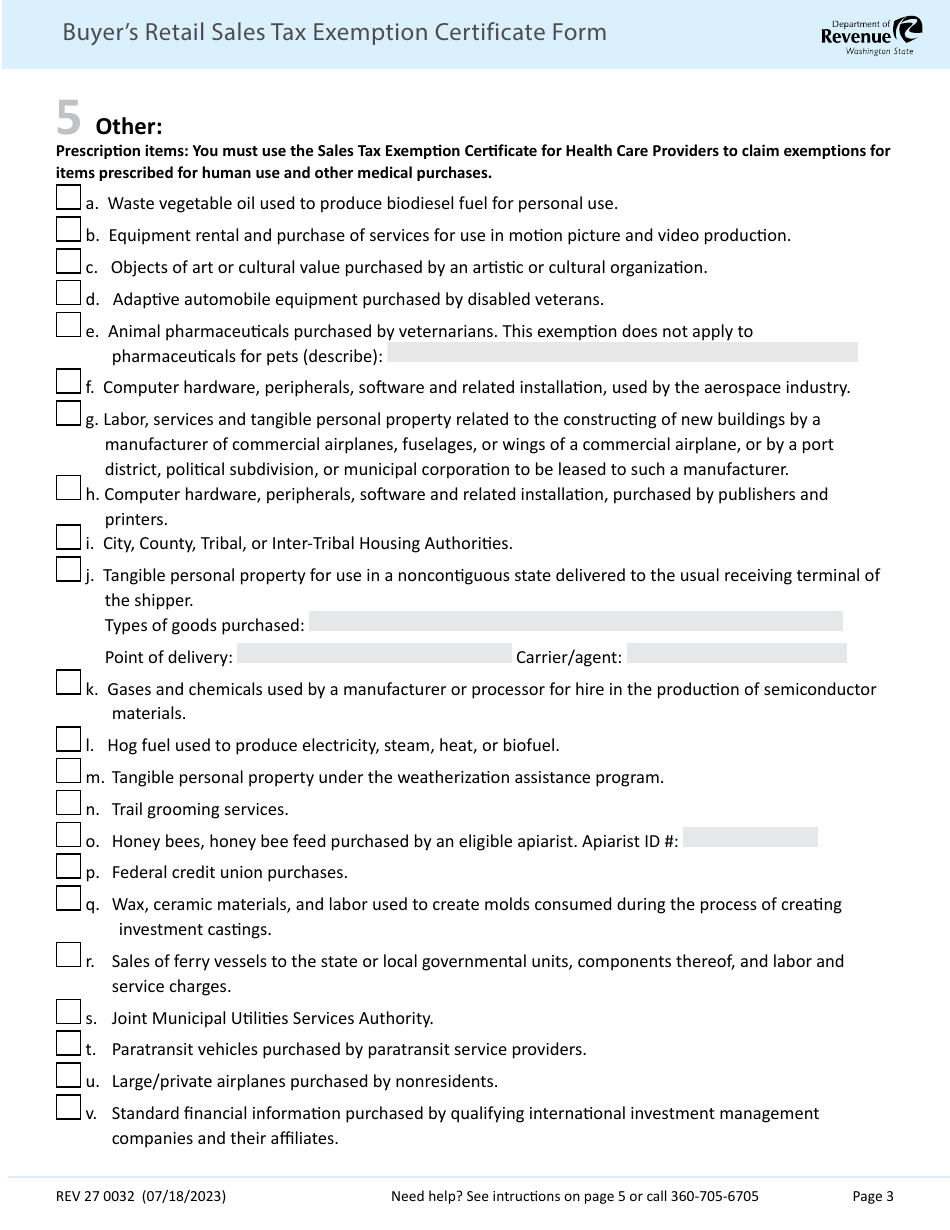 Form REV27 0032 Buyers Retail Sales Tax Exemption Certificate - Washington, Page 3