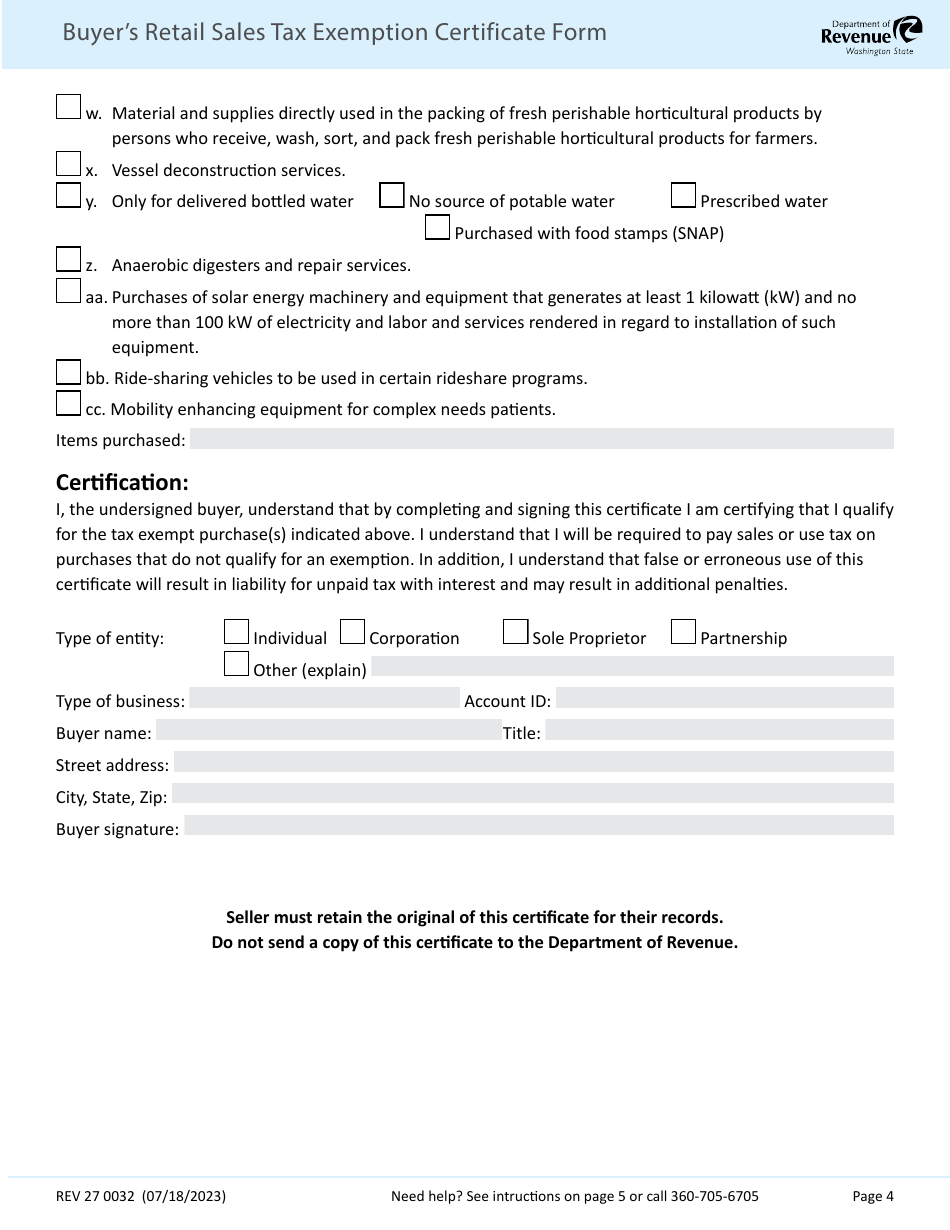 Form REV27 0032 Buyers Retail Sales Tax Exemption Certificate - Washington, Page 4