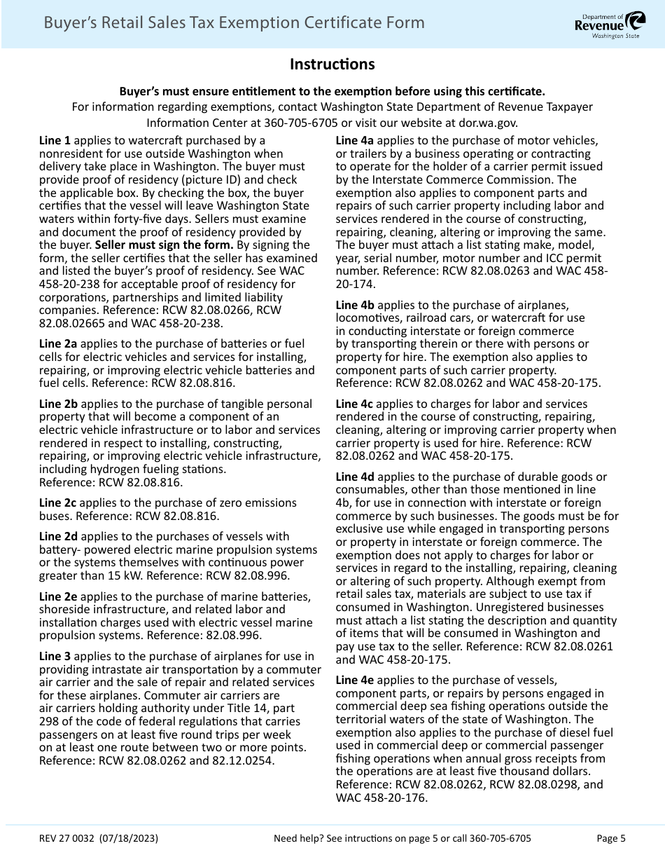 Form REV27 0032 Buyers Retail Sales Tax Exemption Certificate - Washington, Page 5