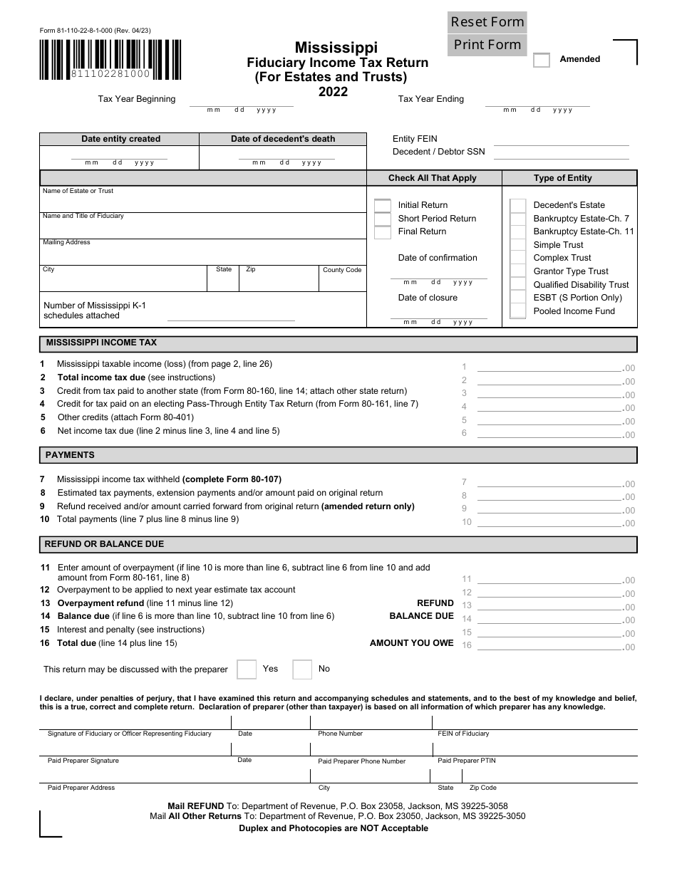Form 81-110 Fiduciary Income Tax Return (For Estates and Trusts) - Mississippi, Page 1