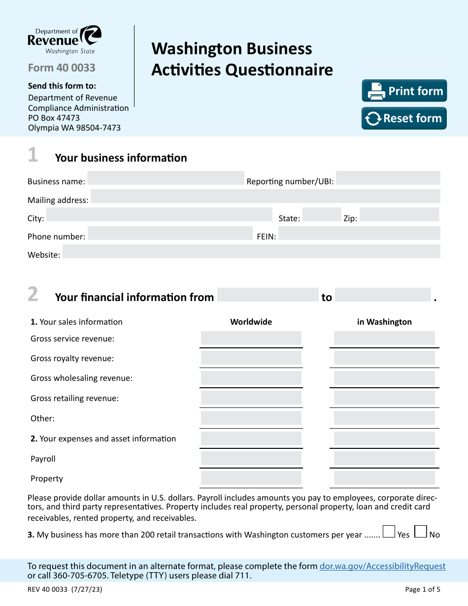 Form REV40 0033 Washington Business Activities Questionnaire - Washington, Page 1