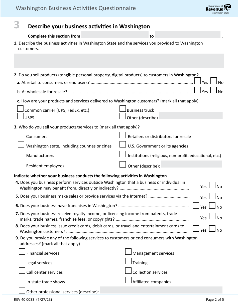 Form REV40 0033 Washington Business Activities Questionnaire - Washington, Page 2
