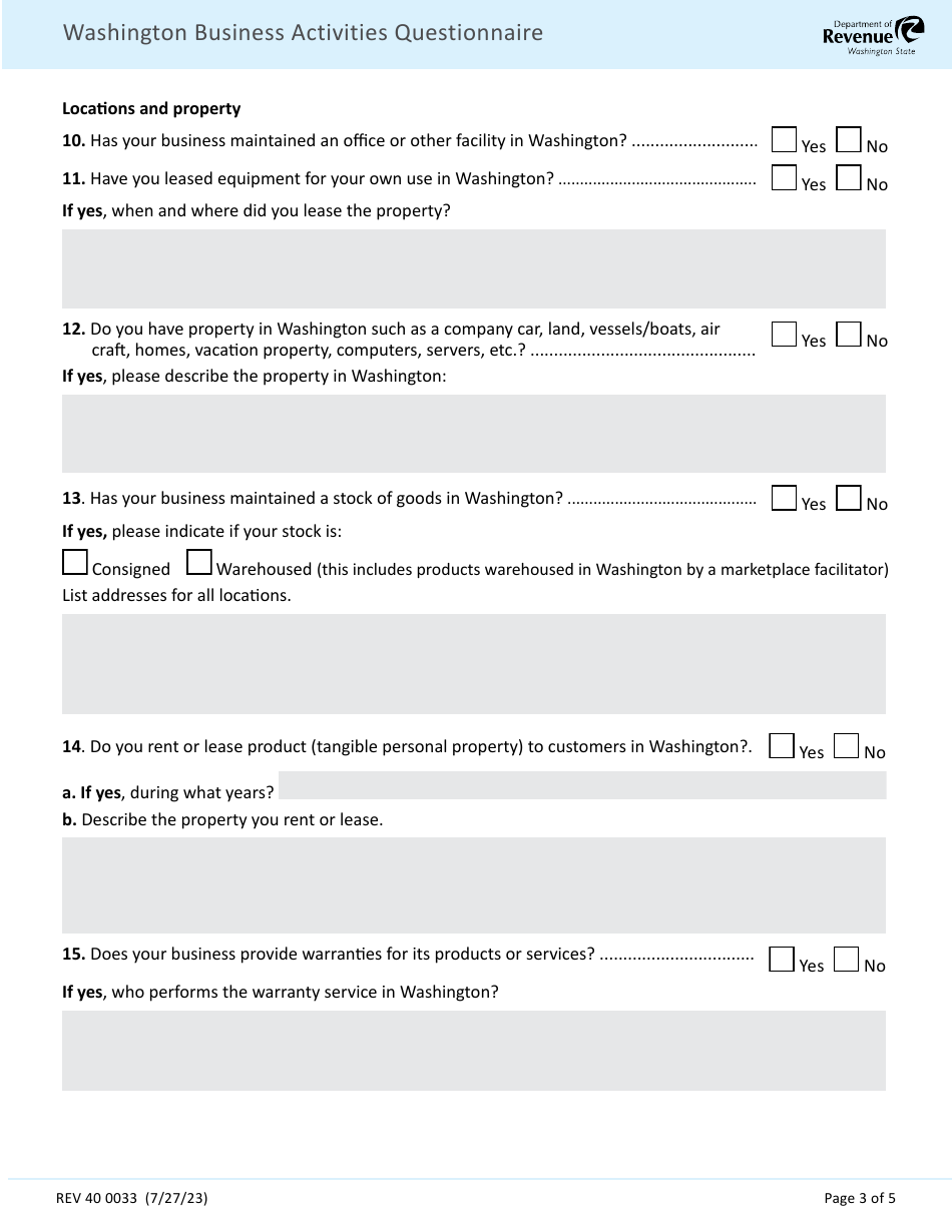 Form REV40 0033 Washington Business Activities Questionnaire - Washington, Page 3