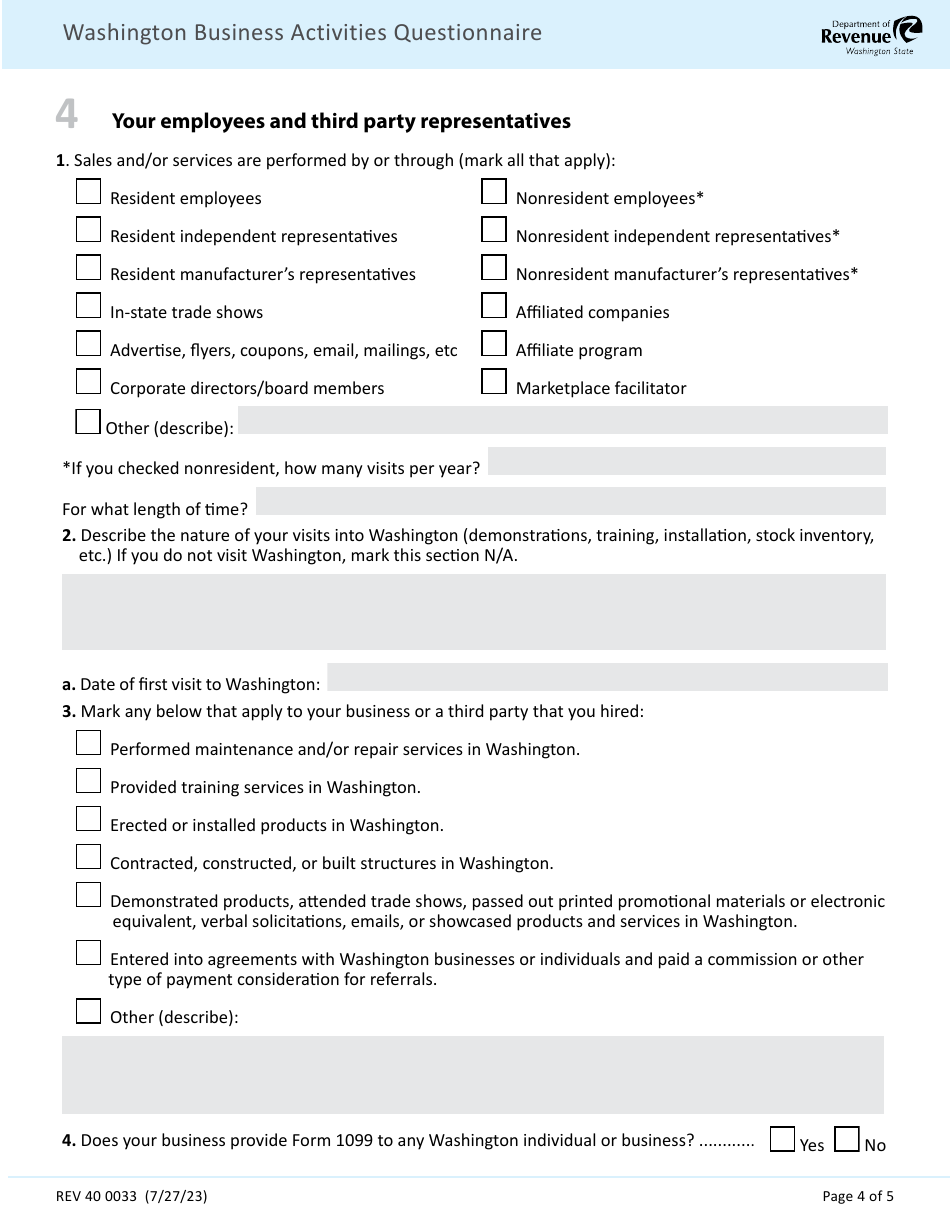 Form REV40 0033 Washington Business Activities Questionnaire - Washington, Page 4
